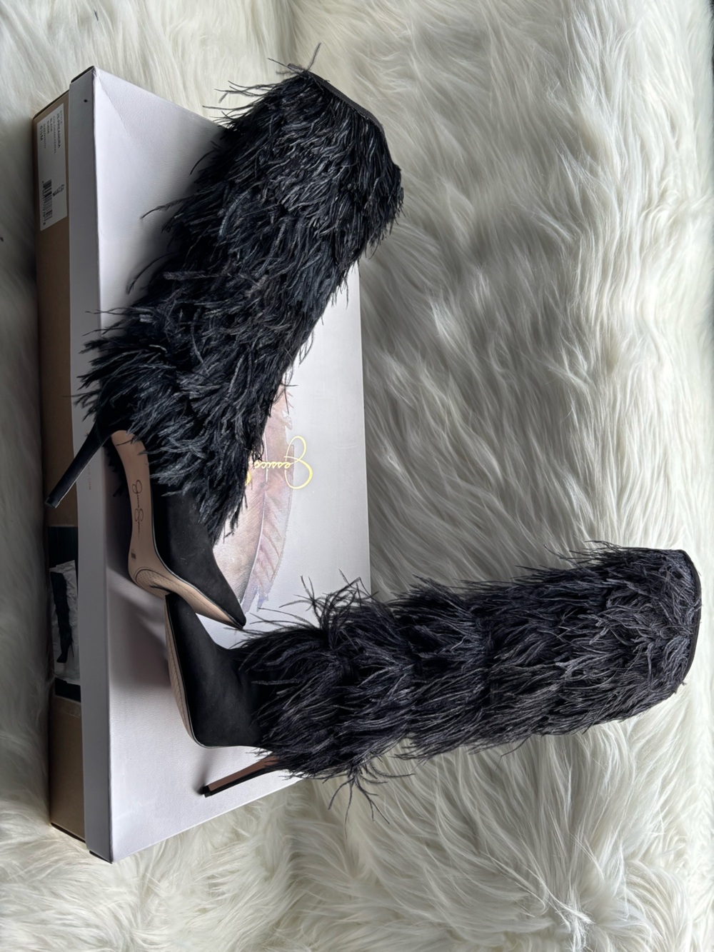 JESSICA SIMPSON DRAMATIC OTK BOOTS. OSTRICH FEATHERS over SUEDE. 6 1/2 NEW-WB